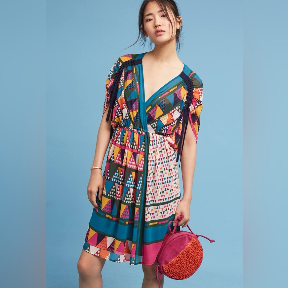 Anthropologie Maeve Size 12 Geo Print Multicolor Dress Cover Up Tie Sleeve